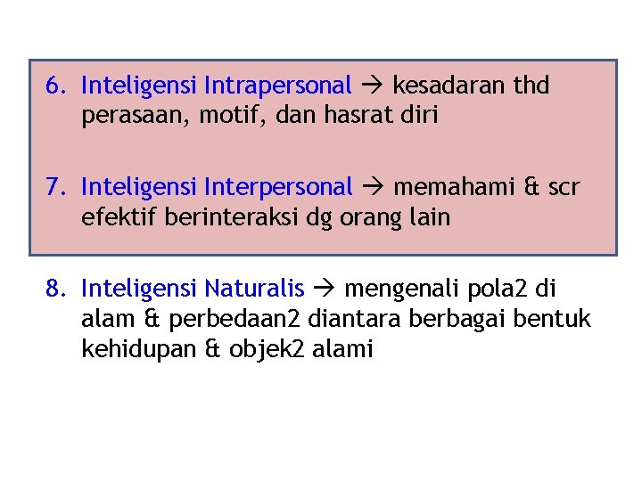 6. Inteligensi Intrapersonal kesadaran thd perasaan, motif, dan hasrat diri 7. Inteligensi Interpersonal memahami