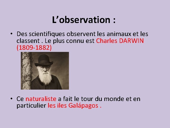 L’observation : • Des scientifiques observent les animaux et les classent. Le plus connu