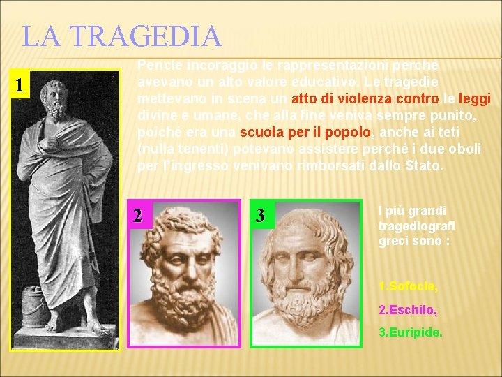 LA TRAGEDIA 1 Pericle incoraggiò le rappresentazioni perché avevano un alto valore educativo. Le