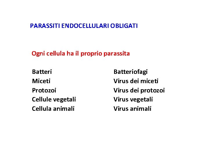PARASSITI ENDOCELLULARI OBLIGATI Ogni cellula ha il proprio parassita Batteri Miceti Protozoi Cellule vegetali
