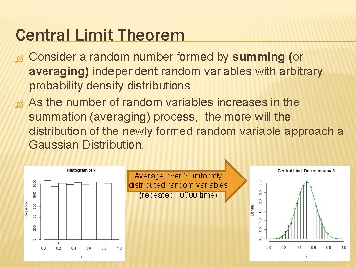Central Limit Theorem Consider a random number formed by summing (or averaging) independent random