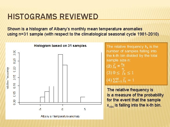 HISTOGRAMS REVIEWED Shown is a histogram of Albany’s monthly mean temperature anomalies using n=31