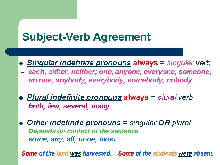Subject-Verb Agreement l Singular indefinite pronouns always = singular verb – each, either, neither;