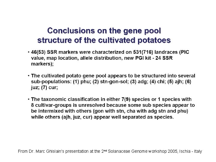 From Dr. Marc Ghislain’s presentation at the 2 nd Solanaceae Genome workshop 2005, Ischia