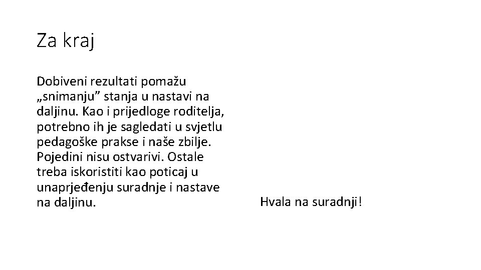 Za kraj Dobiveni rezultati pomažu „snimanju” stanja u nastavi na daljinu. Kao i prijedloge