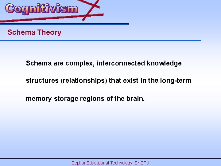 Schema Theory Schema are complex, interconnected knowledge structures (relationships) that exist in the long-term