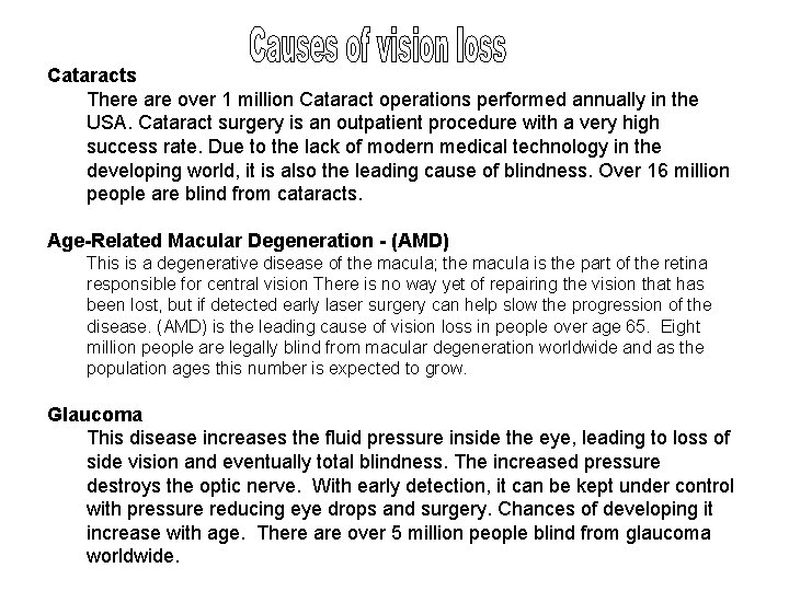 Cataracts There are over 1 million Cataract operations performed annually in the USA. Cataract