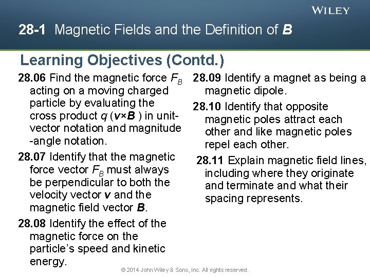 28 -1 Magnetic Fields and the Definition of B Learning Objectives (Contd. ) 28.
