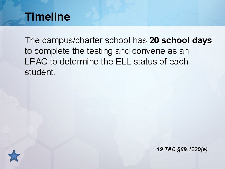 Timeline The campus/charter school has 20 school days to complete the testing and convene