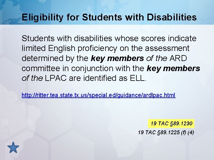 Eligibility for Students with Disabilities Students with disabilities whose scores indicate limited English proficiency