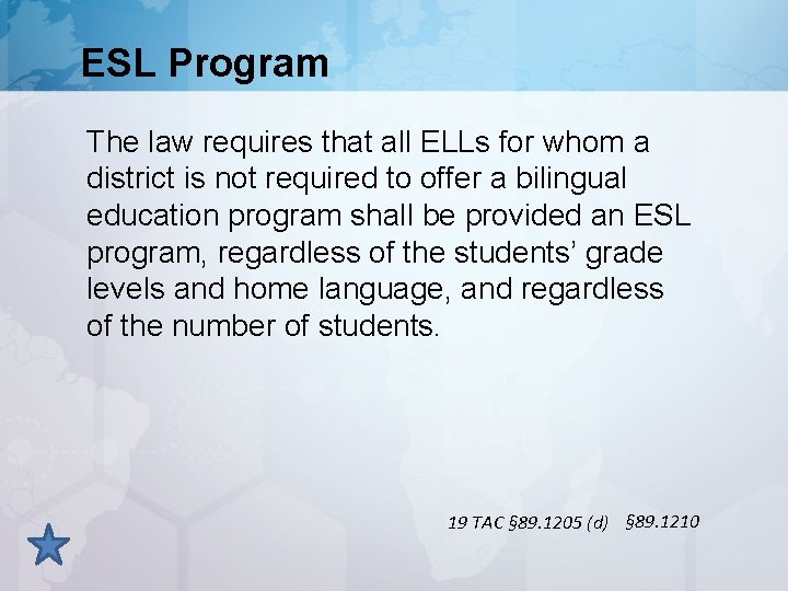 ESL Program The law requires that all ELLs for whom a district is not