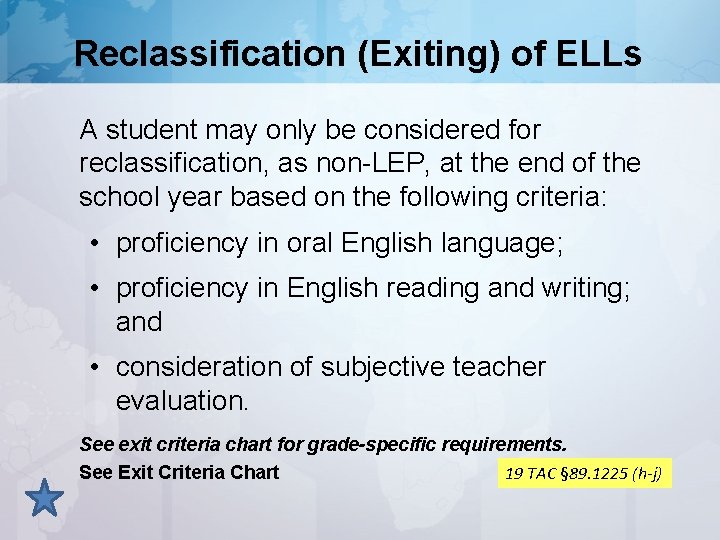 Reclassification (Exiting) of ELLs A student may only be considered for reclassification, as non-LEP,