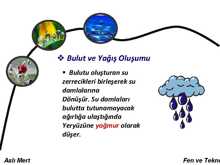 v Bulut ve Yağış Oluşumu § Bulutu oluşturan su zerrecikleri birleşerek su damlalarına Dönüşür.