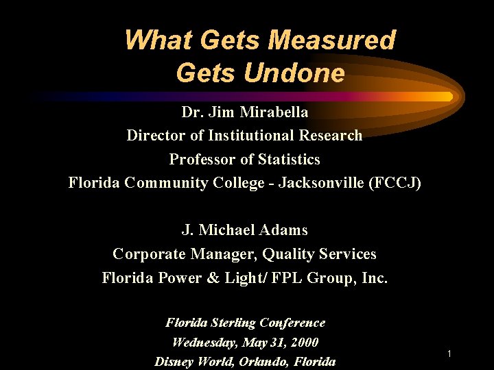What Gets Measured Gets Undone Dr. Jim Mirabella Director of Institutional Research Professor of