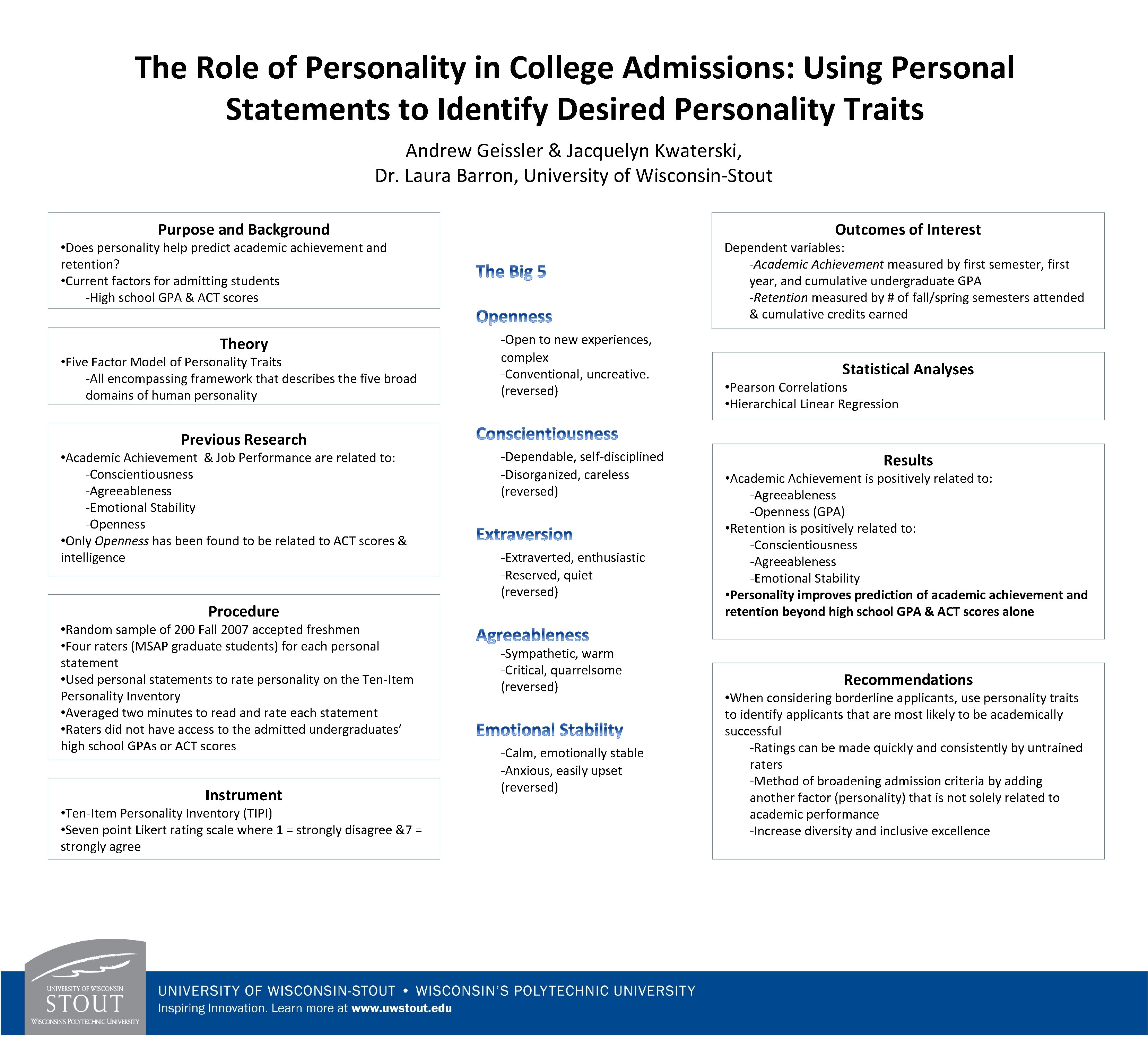 The Role of Personality in College Admissions: Using Personal Statements to Identify Desired Personality