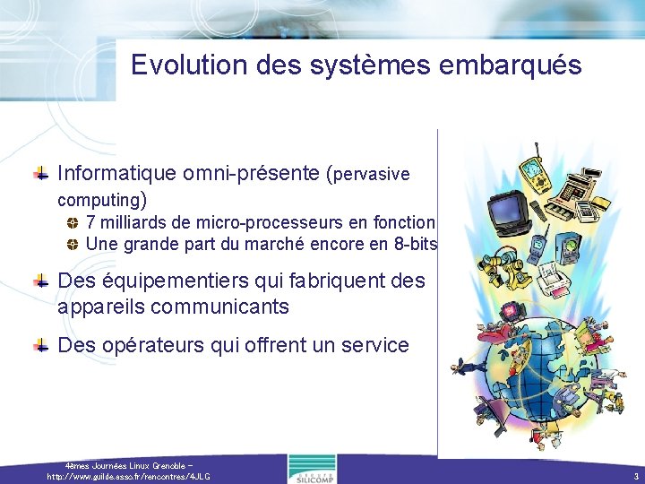 Evolution des systèmes embarqués Informatique omni-présente (pervasive computing) 7 milliards de micro-processeurs en fonction