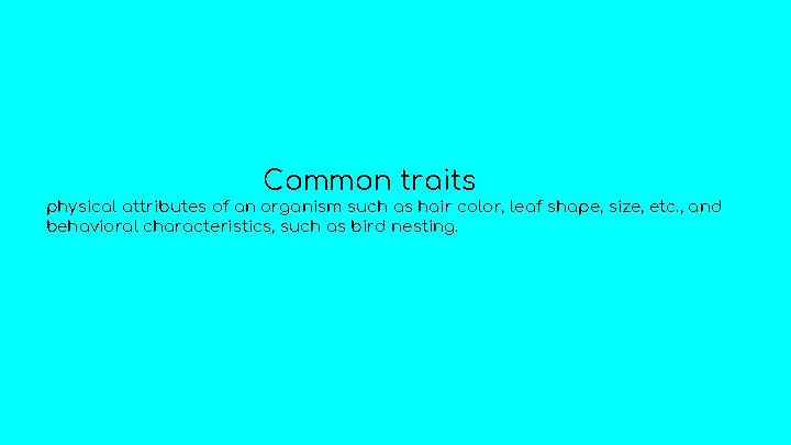 Common traits physical attributes of an organism such as hair color, leaf shape, size,