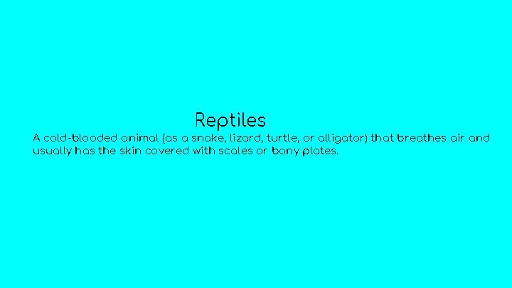 Reptiles A cold-blooded animal (as a snake, lizard, turtle, or alligator) that breathes air Reptiles A cold-blooded animal (as a snake, lizard, turtle, or alligator) that breathes air