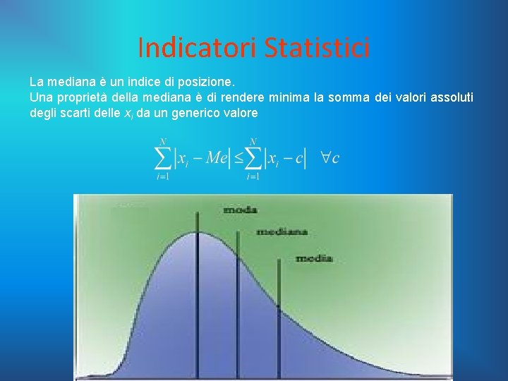 Indicatori Statistici La mediana è un indice di posizione. Una proprietà della mediana è