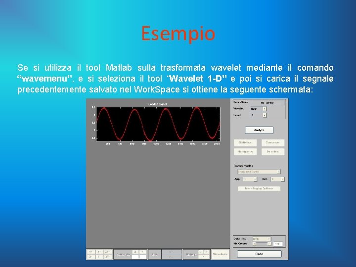 Esempio Se si utilizza il tool Matlab sulla trasformata wavelet mediante il comando “wavemenu”,