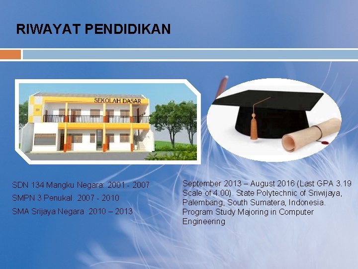 RIWAYAT PENDIDIKAN SDN 134 Mangku Negara: 2001 - 2007 SMPN 3 Penukal: 2007 -