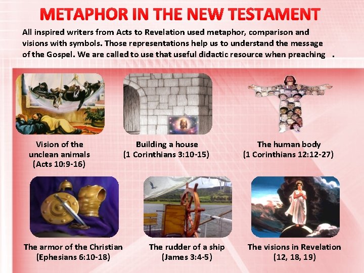 METAPHOR IN THE NEW TESTAMENT All inspired writers from Acts to Revelation used metaphor,