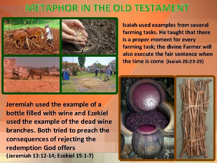 METAPHOR IN THE OLD TESTAMENT Isaiah used examples from several farming tasks. He taught