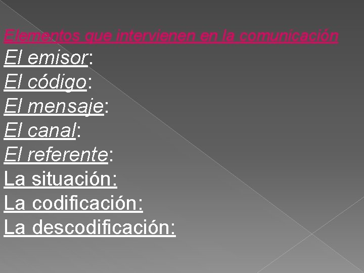 Elementos que intervienen en la comunicación El emisor: El código: El mensaje: El canal: