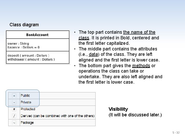 Class diagram • The top part contains the name of the class. It is