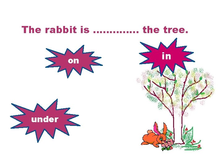 The rabbit is …………. . the tree. on under in 