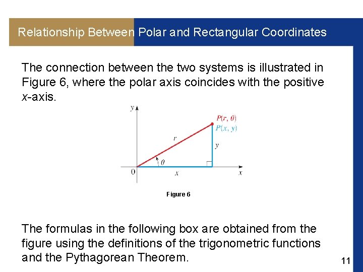 Relationship Between Polar and Rectangular Coordinates The connection between the two systems is illustrated