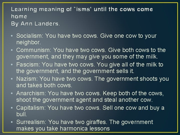 Learning meaning of `isms' until the cows come home By Ann Landers. • Socialism: