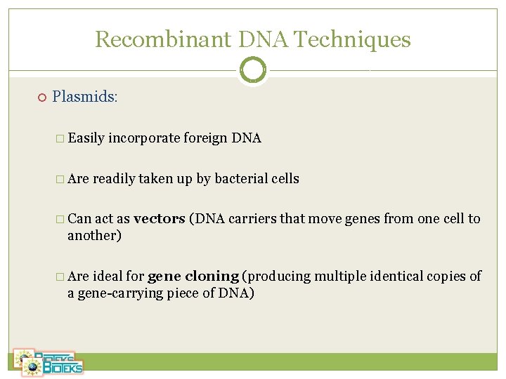 Recombinant DNA Techniques Plasmids: � Easily � Are incorporate foreign DNA readily taken up