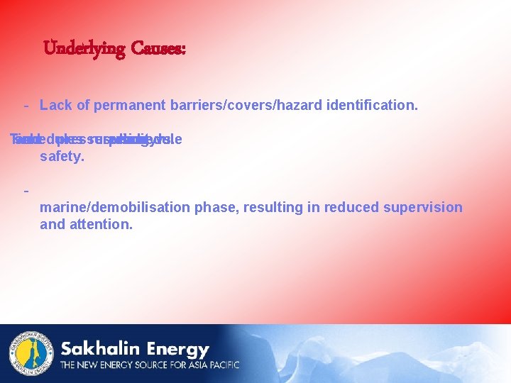 Underlying Causes: - Lack of permanent barriers/covers/hazard identification. Time schedules and pressure resulting priority