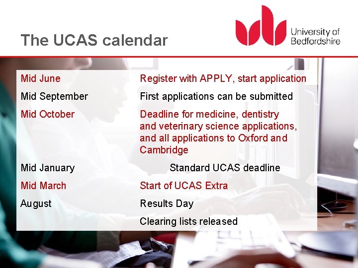 The UCAS calendar Mid June Register with APPLY, start application Mid September First applications