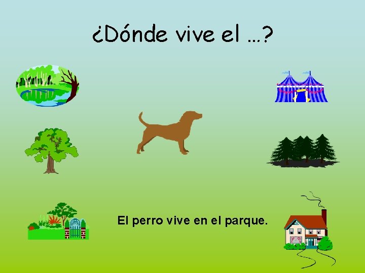 ¿Dónde vive el …? El perro vive en el parque. 