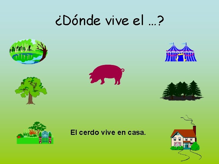 ¿Dónde vive el …? El cerdo vive en casa. 