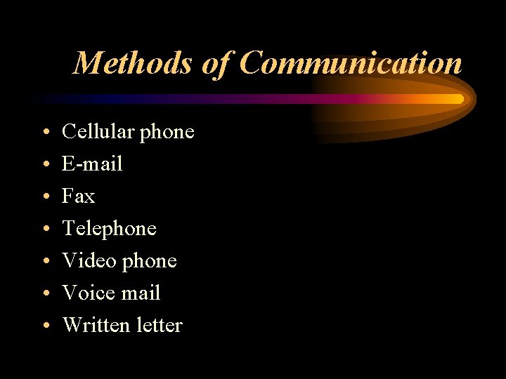 Methods of Communication • • Cellular phone E-mail Fax Telephone Video phone Voice mail Methods of Communication • • Cellular phone E-mail Fax Telephone Video phone Voice mail