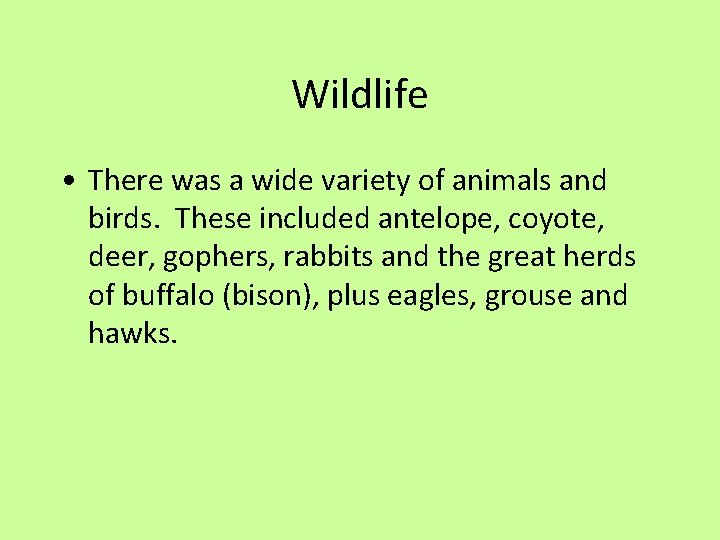 Wildlife • There was a wide variety of animals and birds. These included antelope,