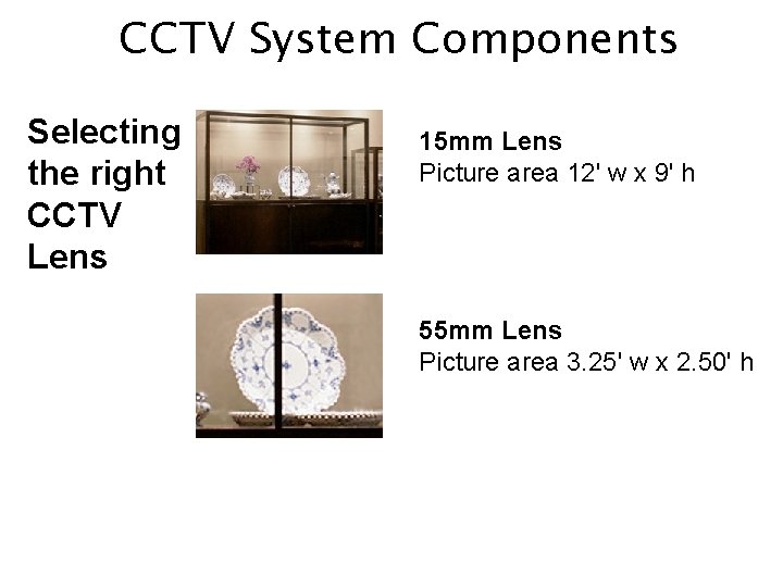CCTV System Components Selecting the right CCTV Lens 15 mm Lens Picture area 12'