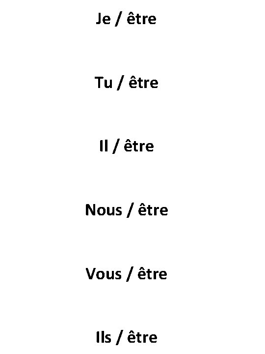 Je / être Tu / être Il / être Nous / être Vous /