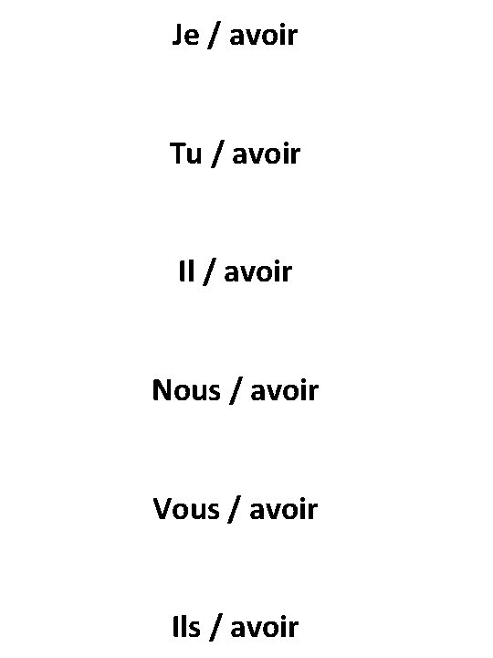 Je / avoir Tu / avoir Il / avoir Nous / avoir Vous /