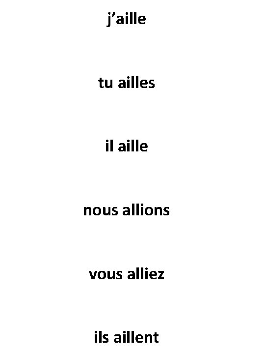 j’aille tu ailles il aille nous allions vous alliez ils aillent 