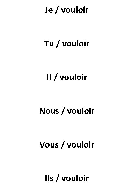 Je / vouloir Tu / vouloir Il / vouloir Nous / vouloir Vous /