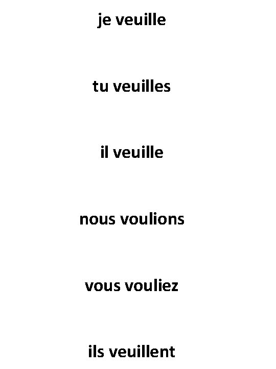 je veuille tu veuilles il veuille nous voulions vouliez ils veuillent 