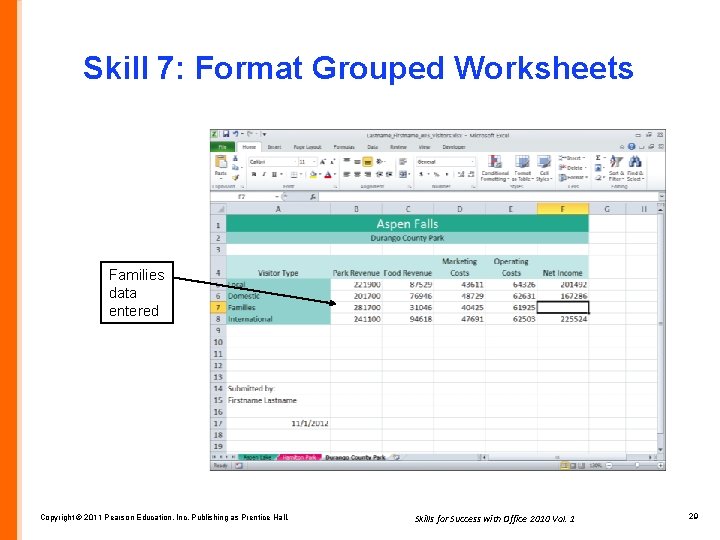 Skill 7: Format Grouped Worksheets Families data entered Copyright © 2011 Pearson Education, Inc.