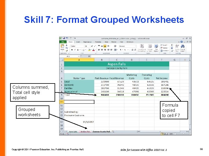 Skill 7: Format Grouped Worksheets Columns summed, Total cell style applied Grouped worksheets Copyright