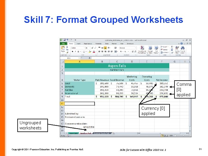 Skill 7: Format Grouped Worksheets Comma [0] applied Currency [0] applied Ungrouped worksheets Copyright