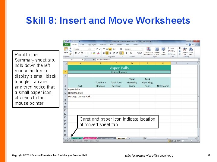 Skill 8: Insert and Move Worksheets Point to the Summary sheet tab, hold down