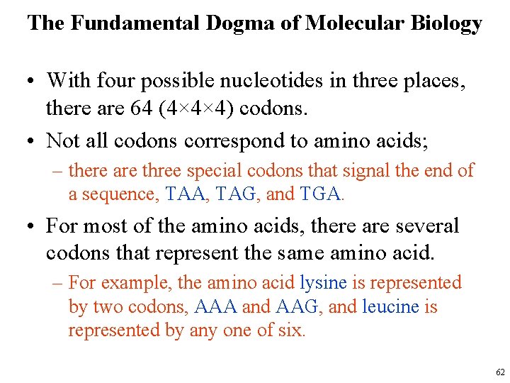 The Fundamental Dogma of Molecular Biology • With four possible nucleotides in three places,